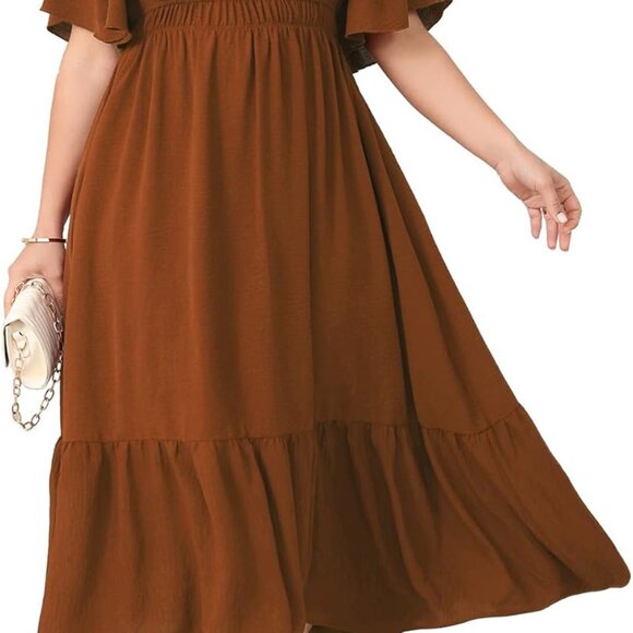 Plus Size Formal Maxi Dress Flowy Flutter Sleeves Square Neck Empire Waist - Picture 1 of 5